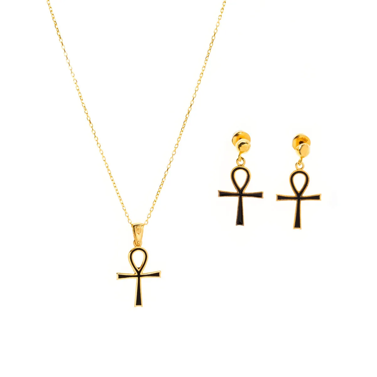 ANKH KOLYE VE KÜPE SETİ  | 925 AYAR GÜMÜŞ ÜZERİ ALTIN KAPLAMA