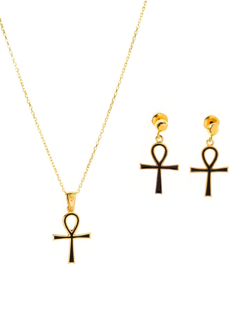 ANKH KOLYE VE KÜPE SETİ  | 925 AYAR GÜMÜŞ ÜZERİ ALTIN KAPLAMA