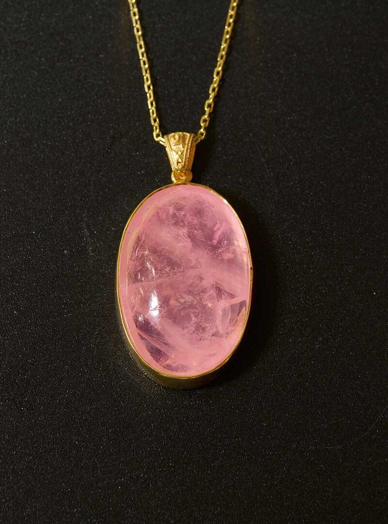 ŞEKER PEMBE KUVARS DOĞAL TAŞ KOLYE  | 925 AYAR GÜMÜŞ ÜZERİ ALTIN KAPLAMA