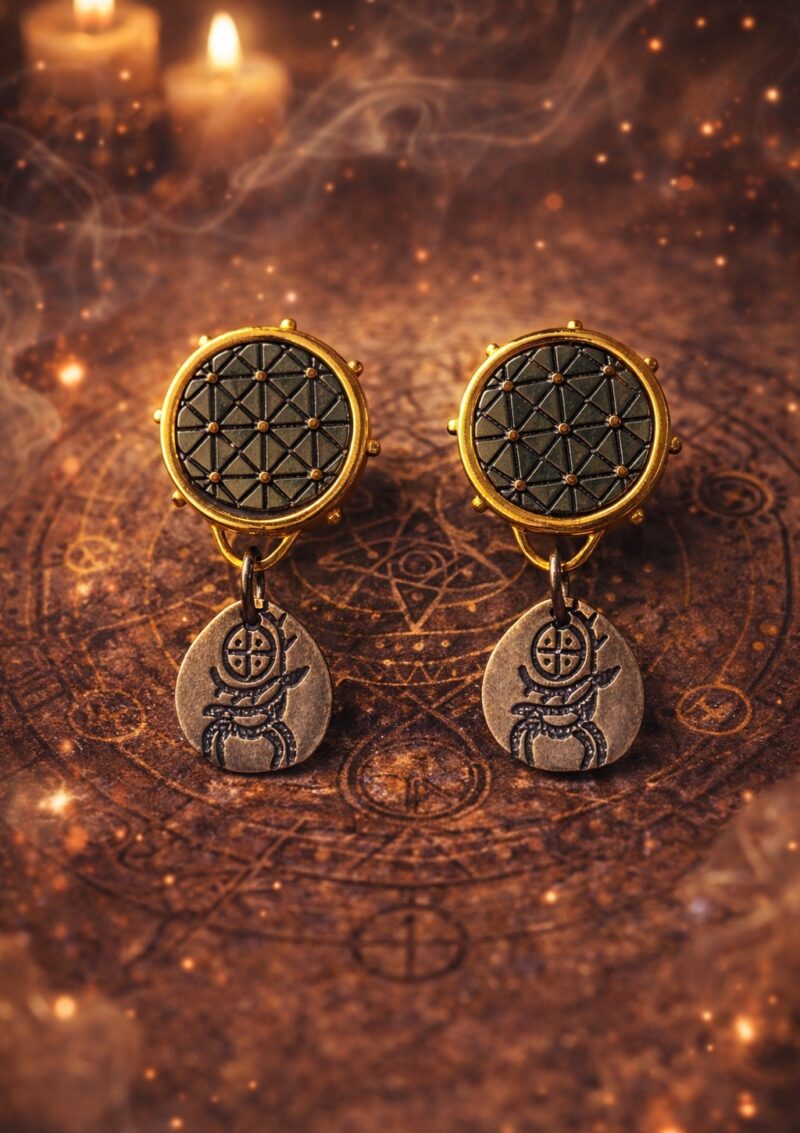 SCARAB YAŞAM ÇİÇEĞİ KÜPE | 925 AYAR GÜMÜŞ ÜZERİ ANTİK  KARARTMA VE ALTIN KAPLAMA