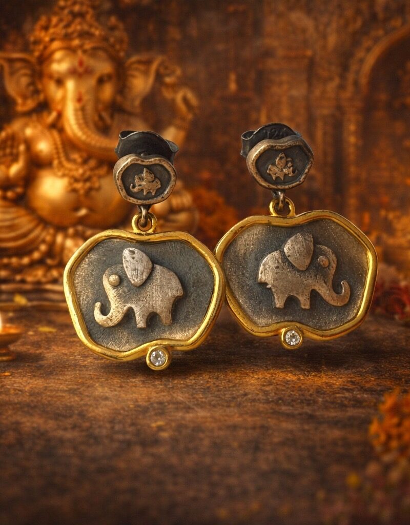 GANESHA KÜPE | 925 AYAR GÜMÜŞ ÜZERİ ANTİK  KARARTMA VE ALTIN KAPLAMA