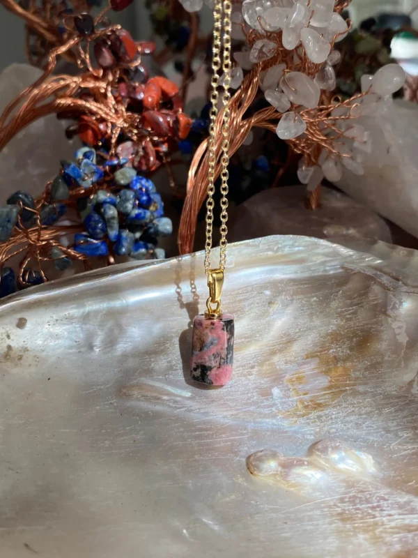 RODONİT KOLYE SİLİNDİR FORM ALTIN KAPLAMA